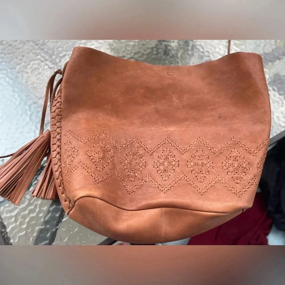 Isabella Fiore Vintage Hobo Cognac Leather Tassle Braided Stitching Detailed Bag - Picture 11 of 16